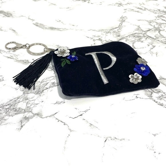 New Navy Velvet 'P" Coin Purse Keychain Tassel - Picture 2 of 7